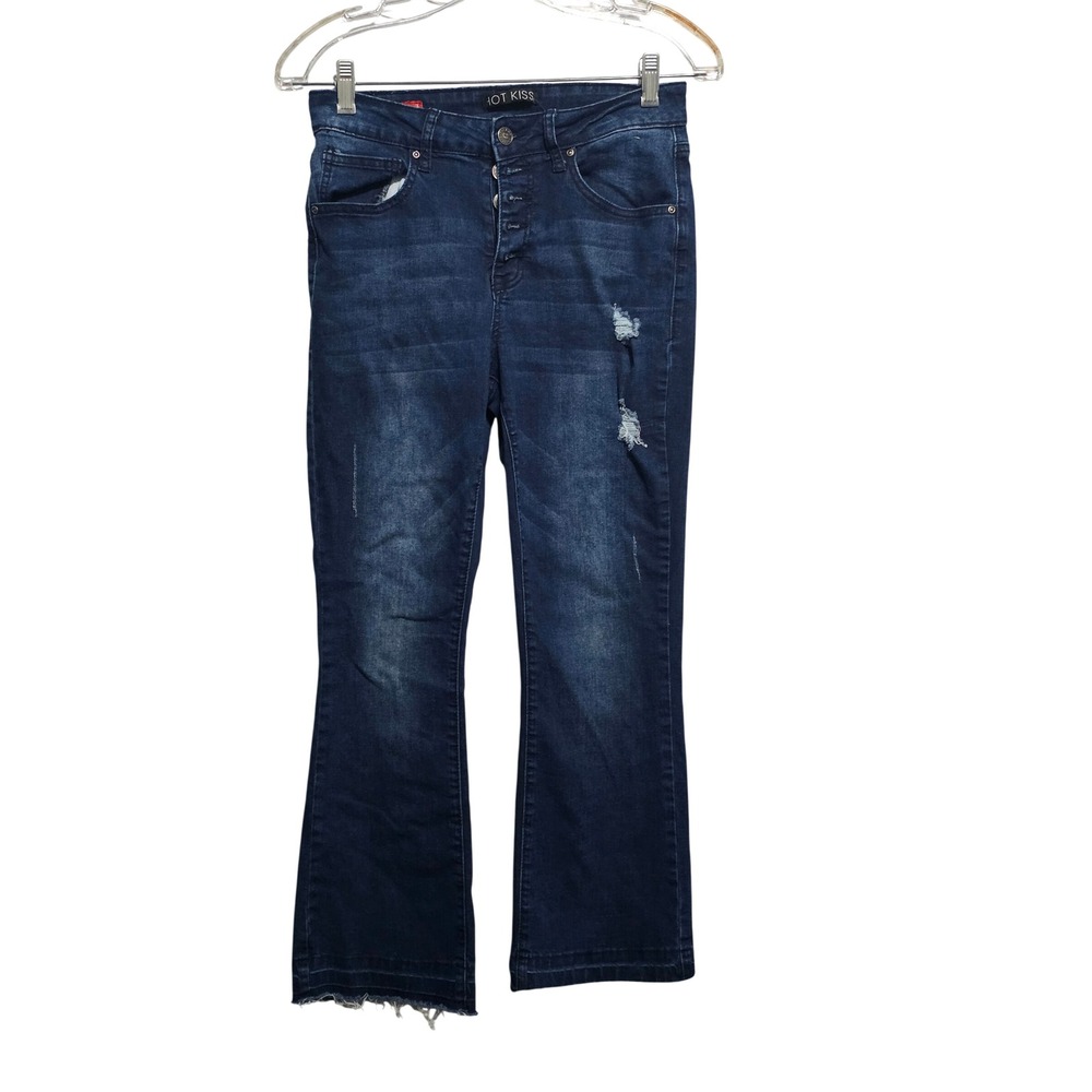 Hot Kiss Womens High Rise Flare Jeans Dark Wash Distressed Button Fly Size‎ 3